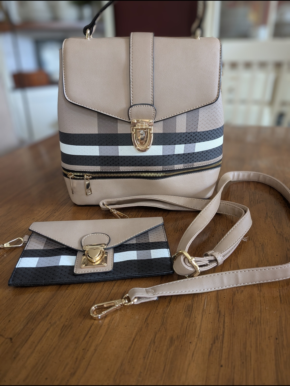 Beige Plaid Accent Women’s Crossbody Backpack with Gold Hardware